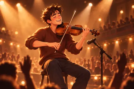 Violinista se apresentando com confiança usando a biblioteca de repertórios